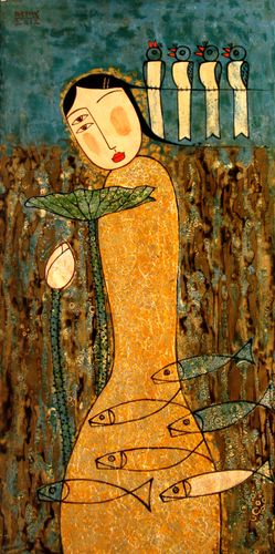 THE GIRL WITH THE BIRDS, LOTUS AND FISHES
