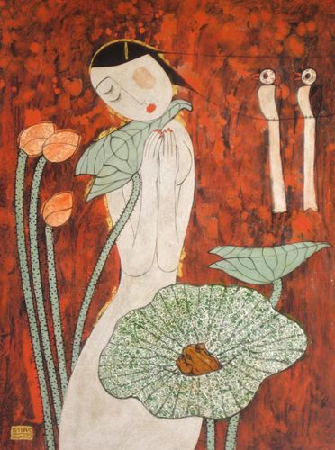 NUDE WITH LOTUS AND BIRDS